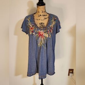 Johnny Was Blue Embroidered Short Sleeve Tunic Sz L